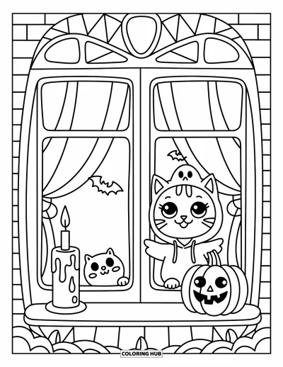 Coloriage de chat d'Halloween pour adultes : Un chat dans la fenêtre d'une maison hantée est assis avec une bougie, une citrouille et une peluche de chauve-souris