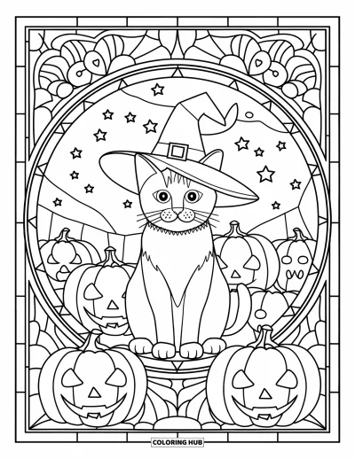 Coloriage de chat d'Halloween pour adultes : Un chat déguisé est assis à l'intérieur d'un vitrail détaillé sous un ciel étoilé