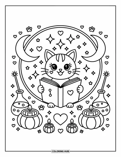 Coloriage de chat d'Halloween pour adultes : Un chat lit un grimoire lumineux à l'intérieur d'un cercle magique avec des citrouilles et des potions