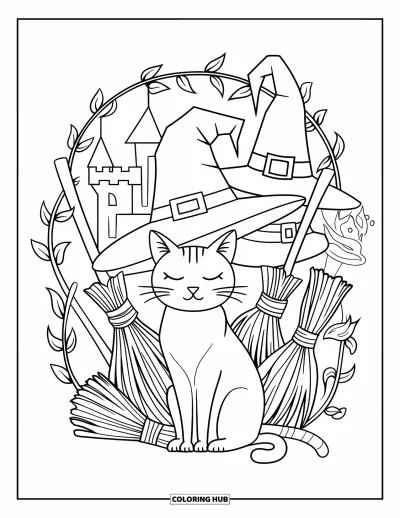 Coloriage de chat d'Halloween pour adultes : Un chat se repose parmi de grands chapeaux de sorcière et des balais avec un château au loin