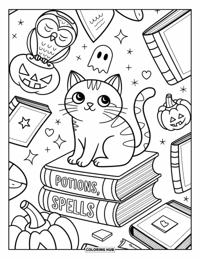 Coloriage de chat d'Halloween pour adultes : Un chat se repose sur des grimoires avec des titres flottants et une chouette au-dessus d'une lampe lumineuse