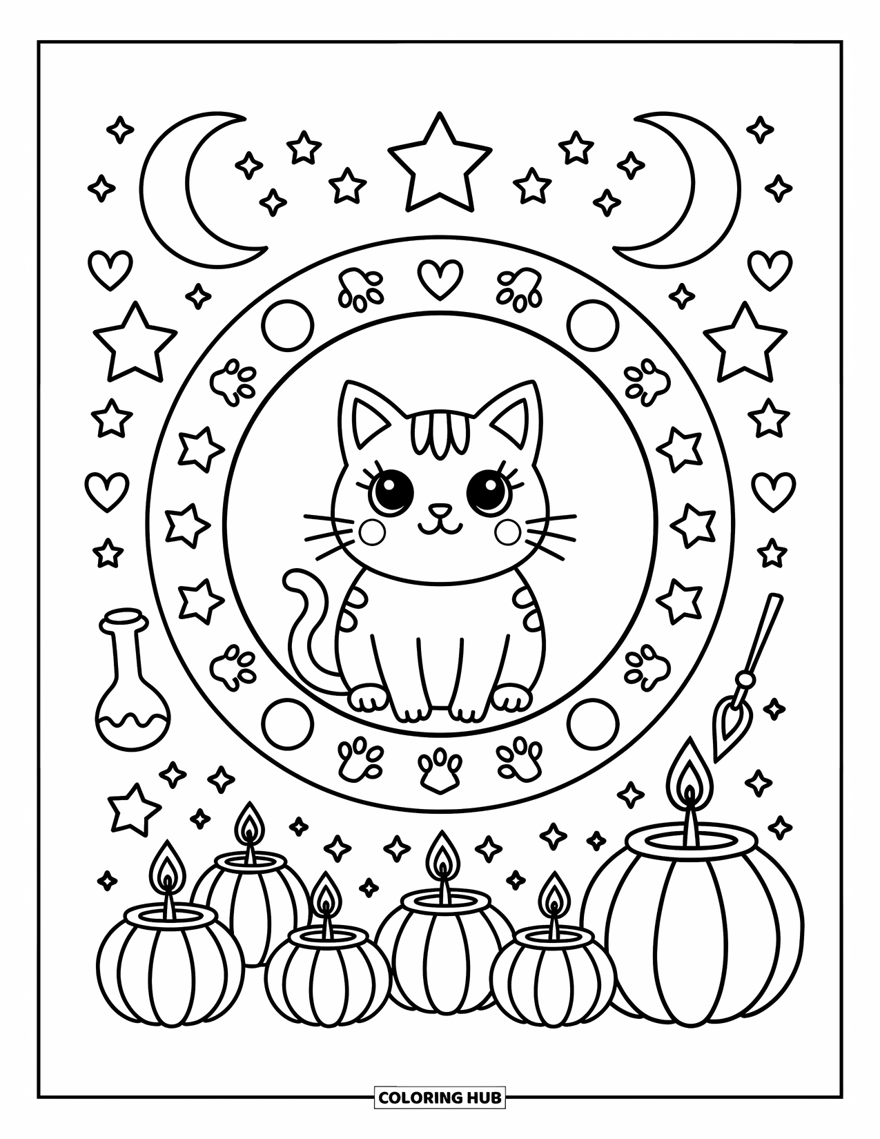 Halloween Cat Coloring Page for Adults: A cat sits in a spell circle with stars, moons, pumpkins, and tiny potion bottles