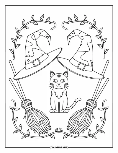 Coloriage de chat d'Halloween pour adultes : Un chat est assis tranquillement parmi des chapeaux de sorcière, des balais et des lianes sinueuses