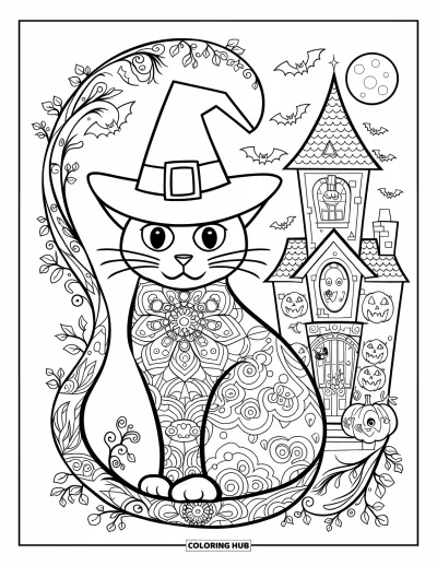 Coloriage de chat d'Halloween pour adultes : Un chat déguisé est assis près d'une maison hantée avec des mandalas, des chauves-souris et une pleine lune