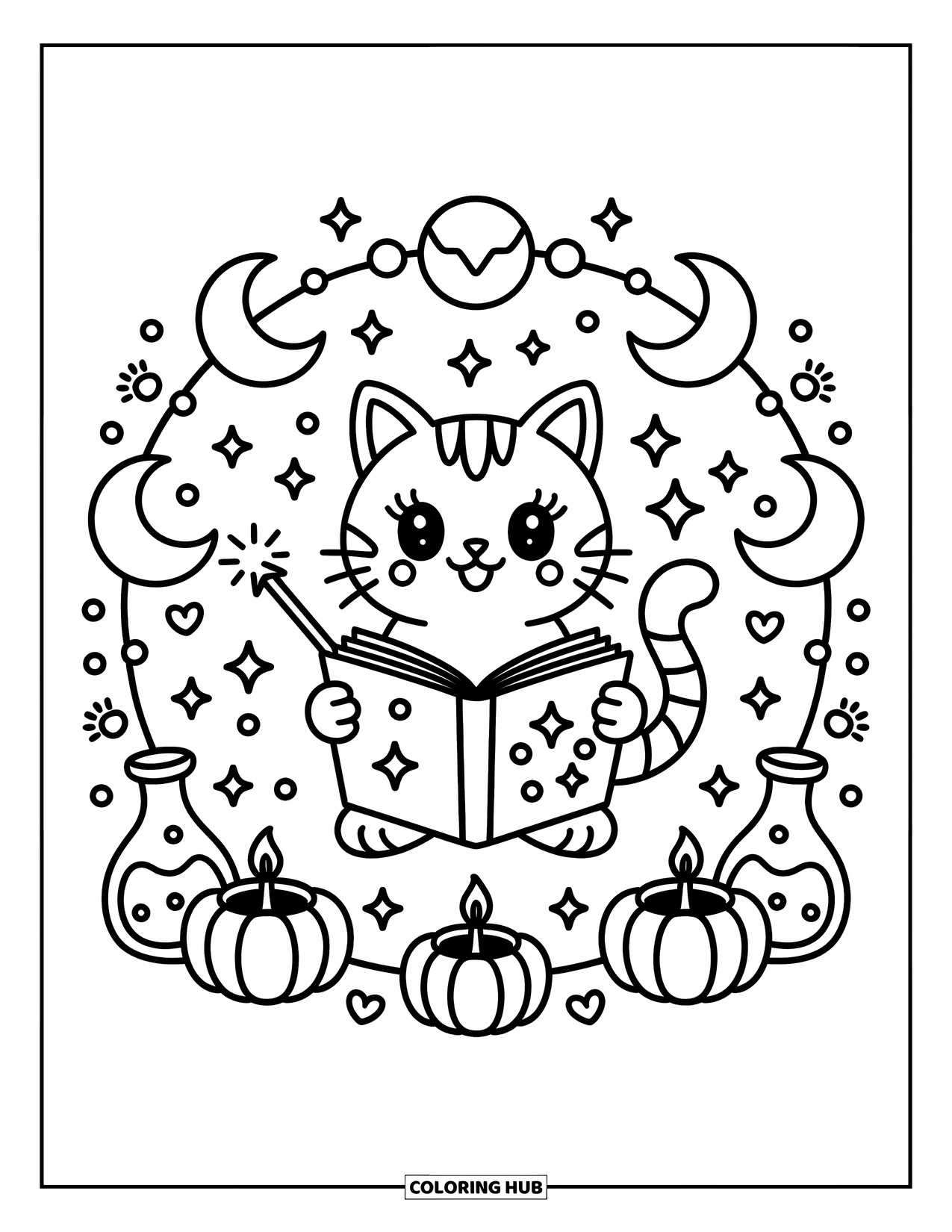 Halloween Cat Coloring Page for Adults: A cozy cat casts spells inside a circle of stars, potions, and flickering pumpkins