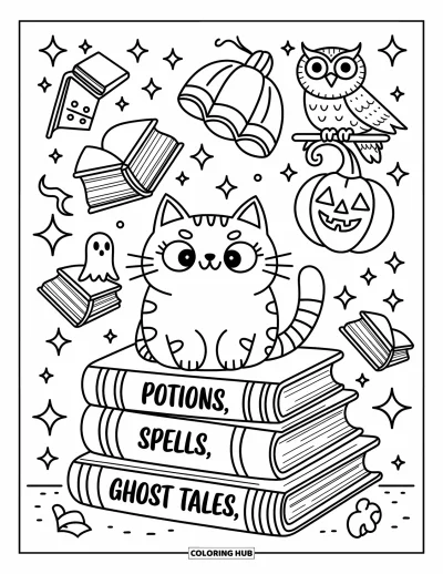 Coloriage de chat d'Halloween pour adultes : Un chat douillet dans une bibliothèque enchantée est entouré de grimoires et d'un marque-page en forme de fantôme