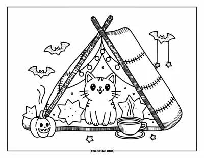 Coloriage de chat d'Halloween pour adultes : Un chat douillet se détend dans une tente avec des guirlandes lumineuses, des coussins étoilés et de petites lanternes