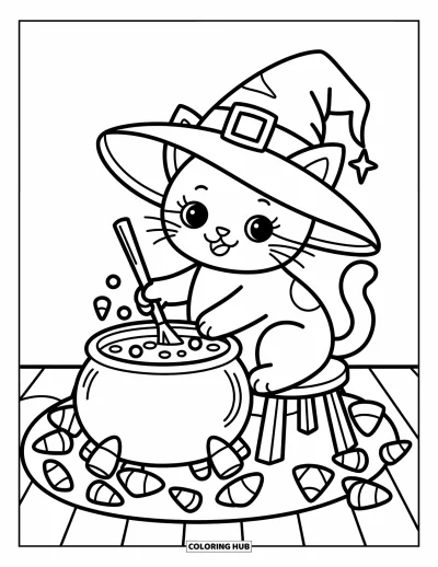 Coloriage de chat d'Halloween pour adultes : Un chat douillet tourne une cuillère dans un chaudron tout en étant assis au-dessus de bonbons et de fioles de potions