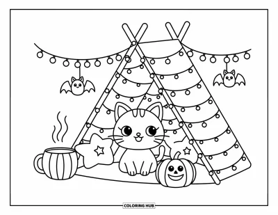 Coloriage de chat d'Halloween pour adultes : Un chat câlin se blottit dans une tente avec des guirlandes lumineuses, des coussins étoilés et une tasse de thé bien chaude