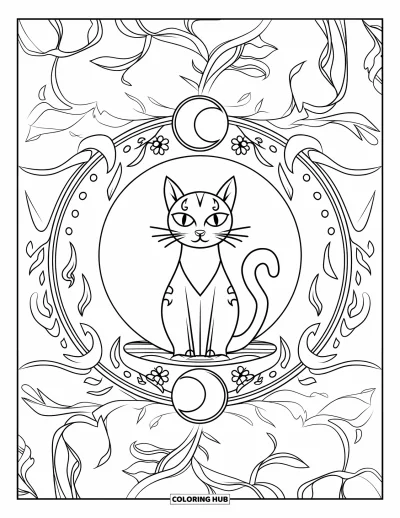 Coloriage de chat d'Halloween pour adultes : Un chat curieux est assis sur un disque entouré de détails représentant la lune et des lianes