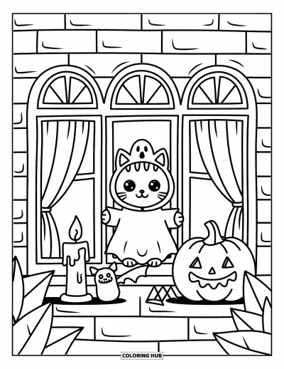 Coloriage de chat d'Halloween pour adultes : Un chat en sweat fantôme émerge d'une fenêtre de maison hantée avec des peluches et une bougie