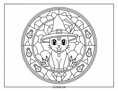 Coloriage de chat d'Halloween pour adultes : Un chat d'Halloween est assis à l'intérieur d'un vitrail avec des fioles de potions et des cristaux