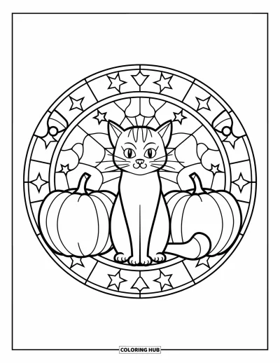 Coloriage de chat d'Halloween pour adultes : Un chat d'Halloween est assis immobile dans un vitrail rempli d'étoiles et de citrouilles