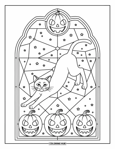 Coloriage de chat d'Halloween pour adultes : Un chat d'Halloween s'étire à l'intérieur d'un vitrail détaillé sous un ciel étoilé