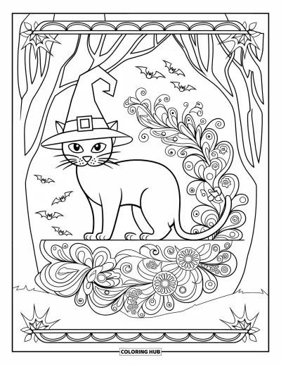 Coloriage de chat d'Halloween pour adultes : Un chat d'Halloween avec un chapeau est encadré par des arbres de la forêt et des motifs de mandalas tourbillonnants