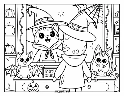 Coloriage de chat d'Halloween pour adultes : Un chat heureux explore des chapeaux d'Halloween dans une petite boutique chaleureuse ornée de peluches de chauves-souris