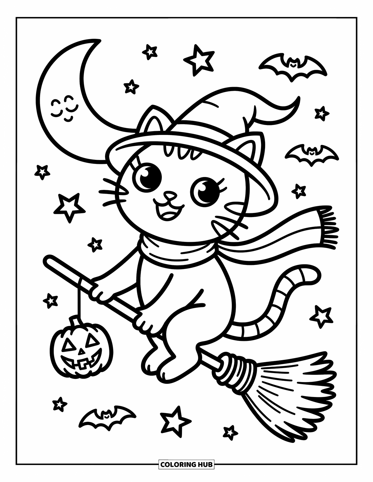 Halloween Cat Coloring Page for Adults: A joyful cat with a lantern rides a broomstick through stars and a crescent moon