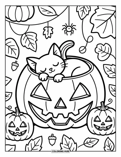 Coloriage de chat d'Halloween pour adultes : Un chaton fait une sieste dans une citrouille entourée de petites feuilles, de glands et de citrouilles souriantes