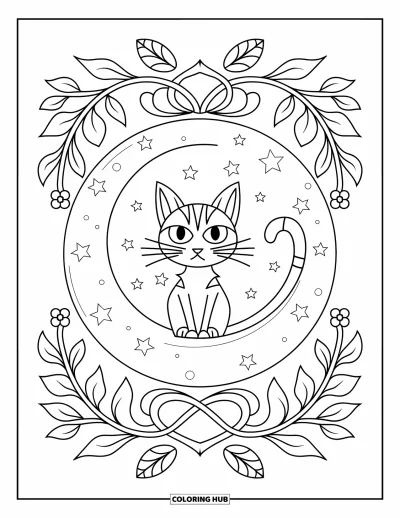 Coloriage de chat d'Halloween pour adultes : Un chat mystérieux est assis sur une lune parmi des lianes, des fleurs et des étoiles brillantes