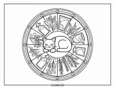 Coloriage de chat d'Halloween pour adultes : Un chat serein repose dans un cercle d'herbes et de fioles de potions avec une bordure de feuillages