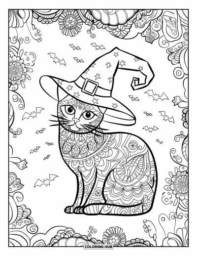 Coloriage de chat d'Halloween pour adultes : Un chat élégant avec un chapeau de sorcière est assis parmi des mandalas tourbillonnants et de petites chauves-souris