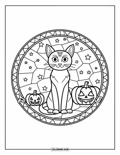 Coloriage de chat d'Halloween pour adultes : Un chat tranquille aux oreilles dressées se repose à l'intérieur d'un vitrail aux motifs ornés