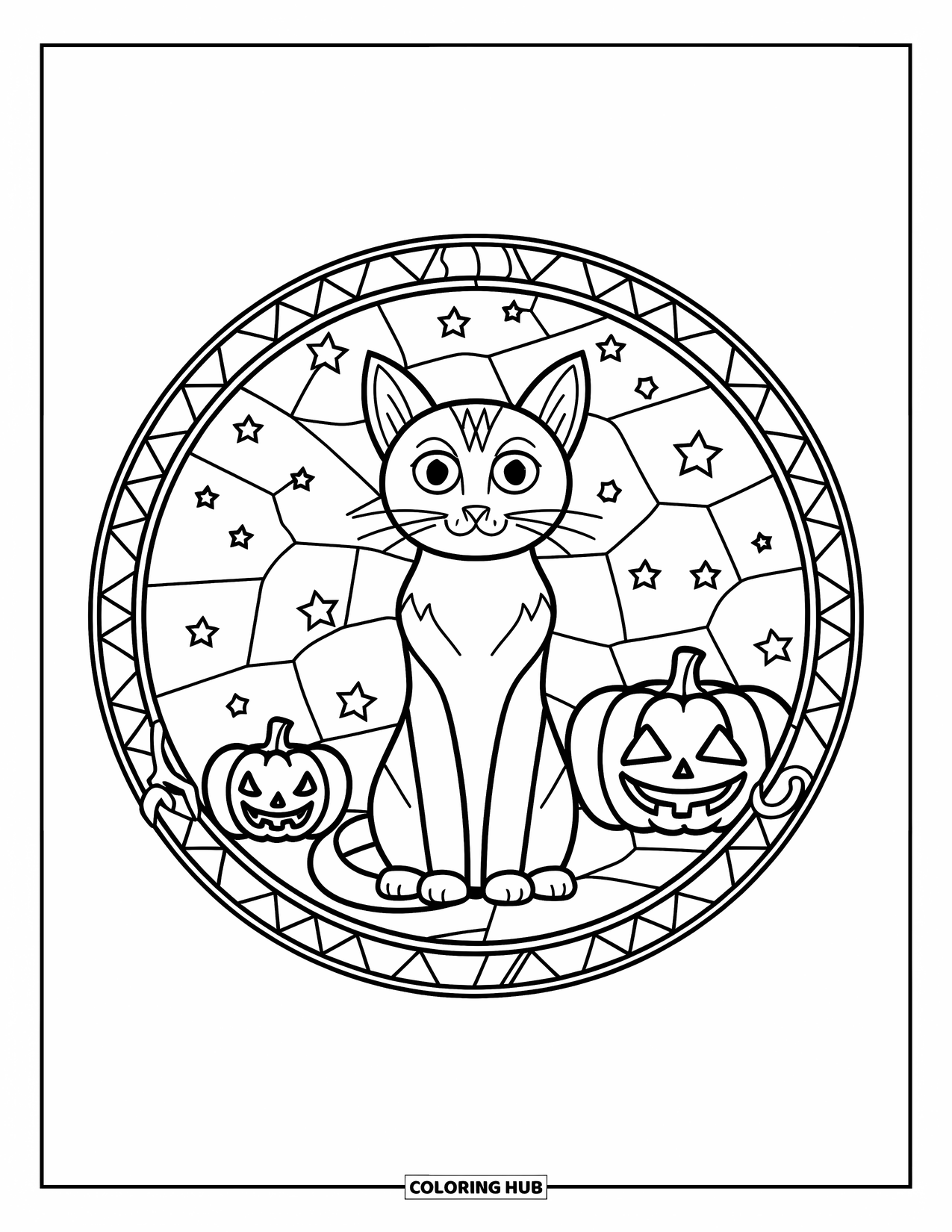 Halloween Cat Coloring Page for Adults: A quiet cat with perked ears rests inside a patterned stained glass circle