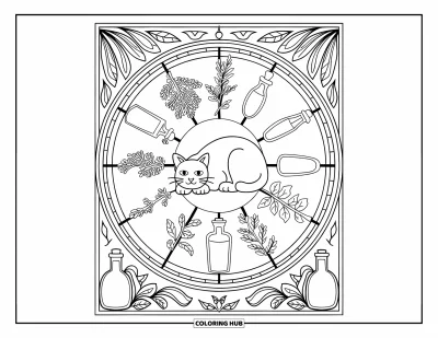 Coloriage de chat d'Halloween pour adultes : Un chat détendu fait une sieste dans une roue d'herbes et de potions aux bordures décoratives