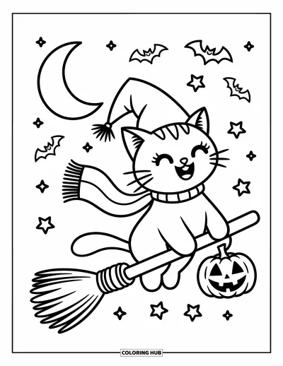 Coloriage de chat d'Halloween pour adultes : Un chat portant une écharpe vole joyeusement dans le ciel parmi des chauves-souris et un jack-o'-lantern