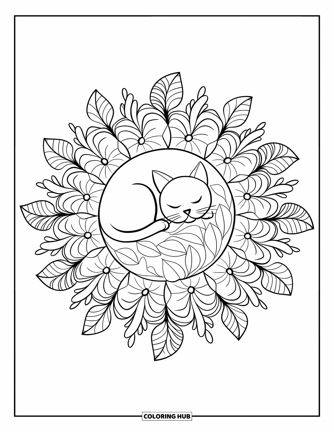 Halloween Cat Coloring Page for Adults: A sleeping cat curls up at the center of a floral mandala with fall leaves