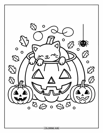 Coloriage de chat d'Halloween pour adultes : Un chat endormi se repose à l'intérieur d'une citrouille tandis que des feuilles, des glands et une araignée ajoutent du charme