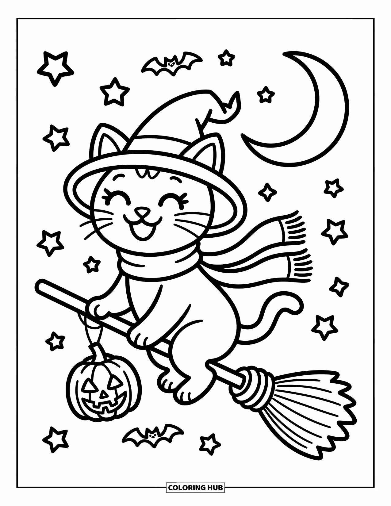 Halloween Cat Coloring Page for Adults: A smiling cat in a pointy hat flies across the moon with bats and sparkles
