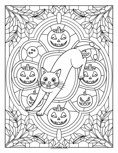 Coloriage de chat d'Halloween pour adultes : Un chat qui s'étire montre ses dents à l'intérieur d'un vitrail orné de feuilles et de citrouilles