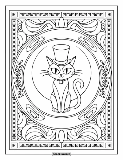 Coloriage de chat d'Halloween pour adultes : Un chat avec un chapeau haut-de-forme est assis au centre de motifs de lunes et de lianes grimpantes