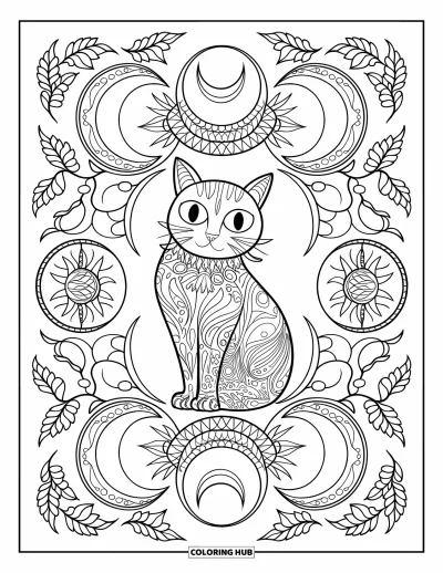 Coloriage de chat d'Halloween pour adultes : Un chat aux grands yeux est entouré de lunes sinueuses, de feuilles et de motifs de lianes