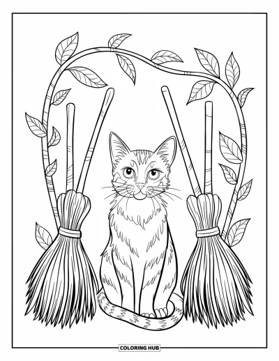 Coloriage de chat d'Halloween pour adultes : Un chat aux grands yeux est assis parmi des chapeaux de sorcière, des balais et des lianes feuillues