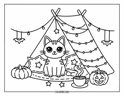 Coloriage de chat d'Halloween pour adultes : Un chat aux grands yeux est assis sous une couverture en forme de tente avec des chauves-souris, du thé et des lumières brillantes