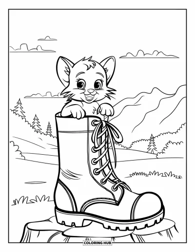 Coloriage de chat d'Halloween pour enfants : Un chaton sort d'une grande botte de sorcière dans un paisible décor de montagne