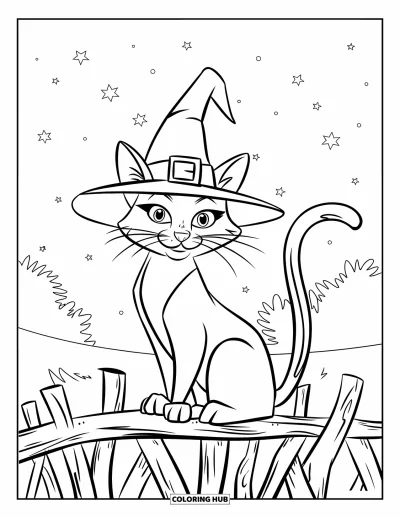 Coloriage de chat d'Halloween pour enfants : Un chat noir aux oreilles orange est assis sur une clôture tortueuse sous un ciel étoilé