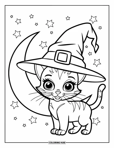Coloriage de chat d'Halloween pour enfants : Un chat aux grands yeux avec un chapeau de sorcière se tient à côté d'un croissant de lune dans le ciel nocturne