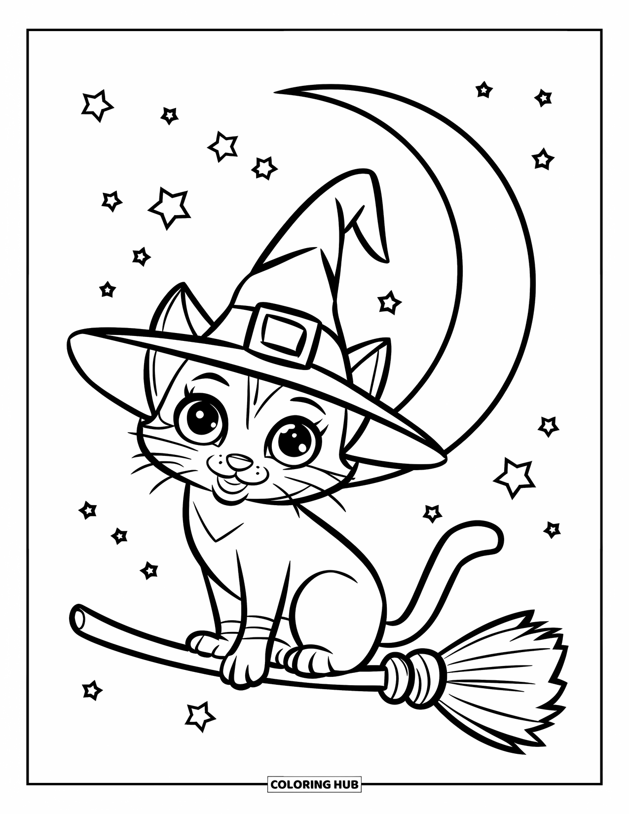 Halloween Cat Coloring Page for Kids: A broomstick-riding cat in a witch hat floats beside a crescent moon and stars