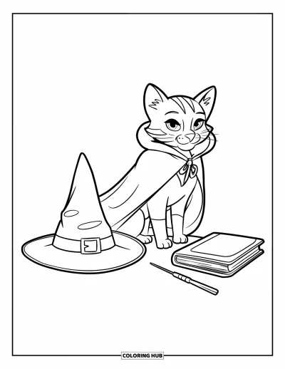 Coloriage de chat d'Halloween pour enfants : Un chat calme en cape est assis près d'une baguette, d'un grimoire et d'un grand chapeau de sorcière