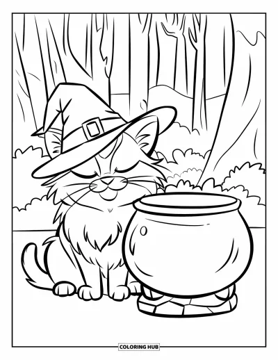Coloriage de chat d'Halloween pour enfants : Un chat calme, pattes repliées, est assis près d'un chaudron en pierre dans la forêt