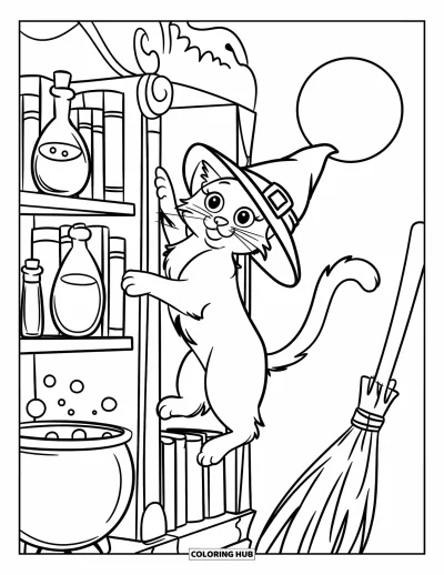 Coloriage de chat d'Halloween pour enfants : Un chat avec un chapeau de sorcière grimpe sur une étagère de potions sous un ciel nocturne sombre