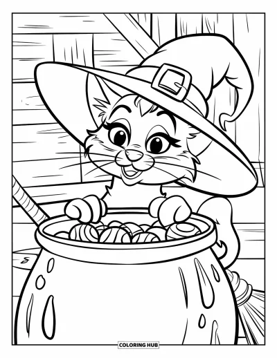 Coloriage de chat d'Halloween pour enfants : Un chat avec un chapeau de sorcière sur un balai regarde dans un chaudron rempli de bonbons