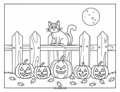 Coloriage de chat d'Halloween pour enfants : Un chat sur une clôture en bois est assis au-dessus de jack-o'-lanterns sous une lune lumineuse