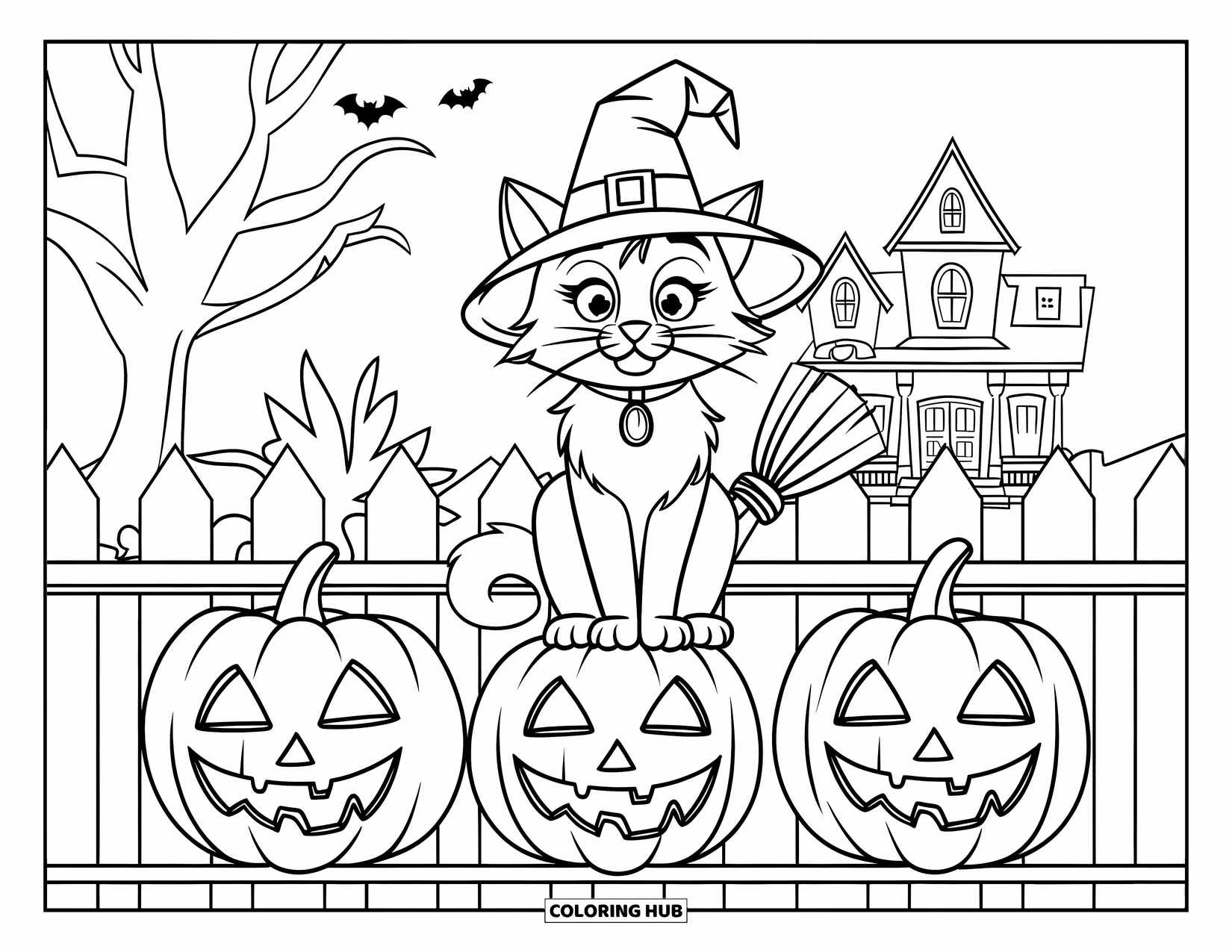 Halloween Cat Coloring Page for Kids: A cat with a broomstick sits on a fence near a haunted house