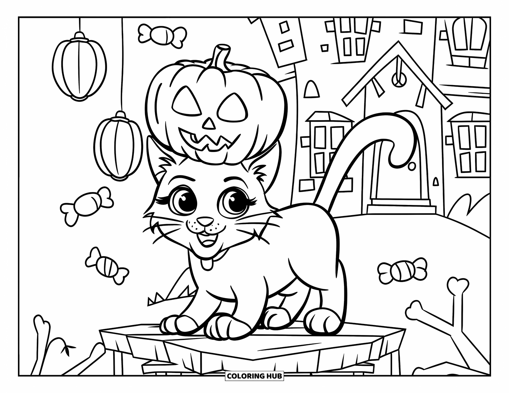 Halloween Cat Coloring Page for Kids: A cat with a pumpkin head stands on a platform surrounded by lanterns and candy