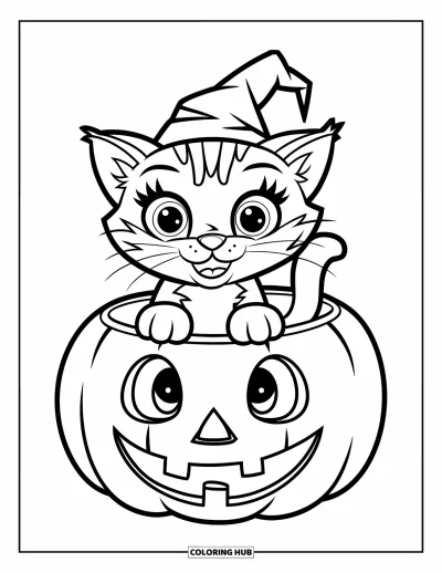Coloriage de chat d'Halloween pour enfants : Un chat joyeux avec un chapeau pointu est assis à l'intérieur d'une citrouille souriante aux grands yeux