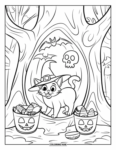 Coloriage de chat d'Halloween pour enfants : Un chat joyeux avec un chapeau de sorcière est assis à l'intérieur d'un creux d'arbre effrayant avec des seaux à bonbons